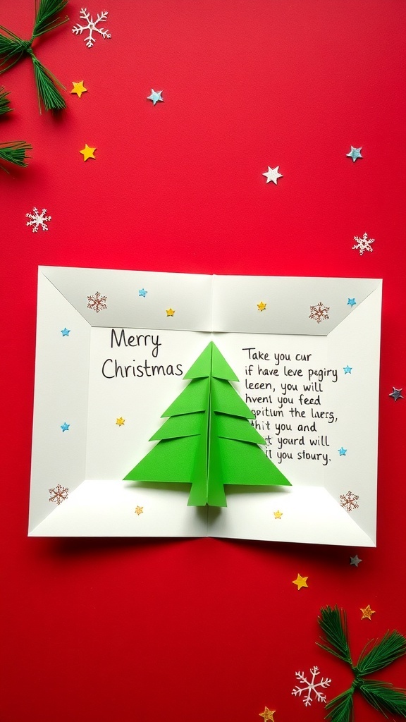 Origami Christmas card with a green tree design on red cardstock, showcasing a festive holiday theme.